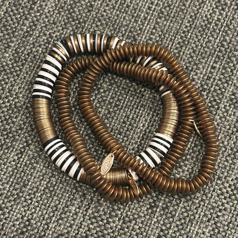 Anthropologie Sefefina Antique Gold Tone Black White Stretch Set 3 Bracelets